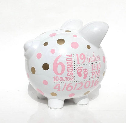 Personalized Medium White ceramic piggy bank with baby announcement.