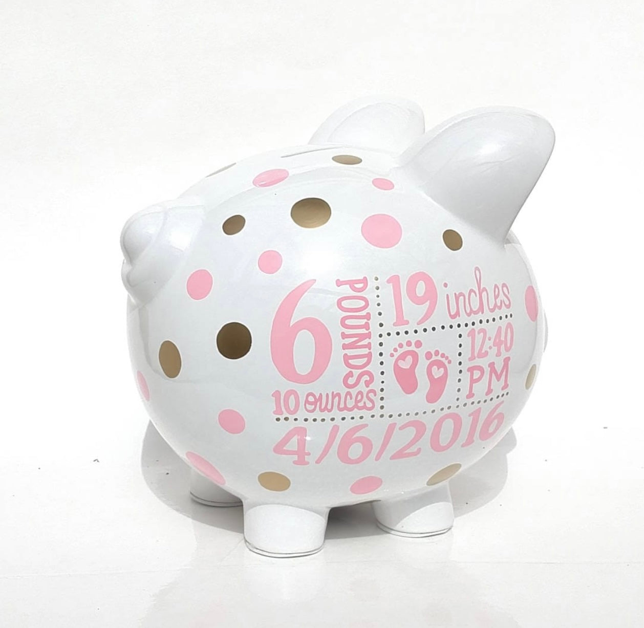 Personalized Large White ceramic piggy bank with baby announcement.