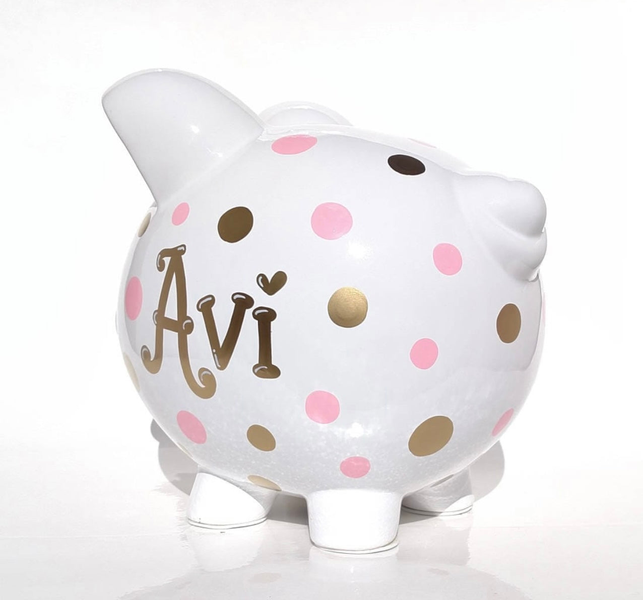 Personalized Large White ceramic piggy bank with baby announcement.