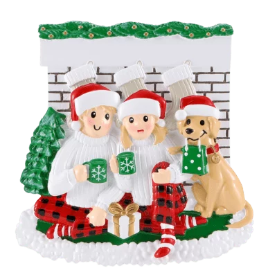 Family sitting in front of Fireplace with dog  Christmas Ornament