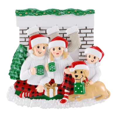 Family sitting in front of Fireplace with dog  Christmas Ornament