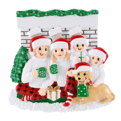 Family sitting in front of Fireplace with dog  Christmas Ornament