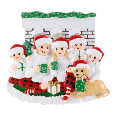 Family sitting in front of Fireplace with dog  Christmas Ornament