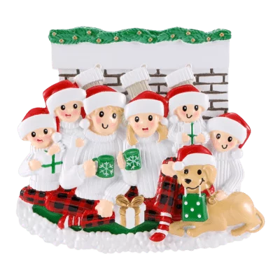 Family sitting in front of Fireplace with dog  Christmas Ornament